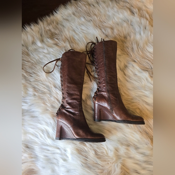 Apepazza Knee High Back Lace Leather Wedge Boots - Picture 5 of 12